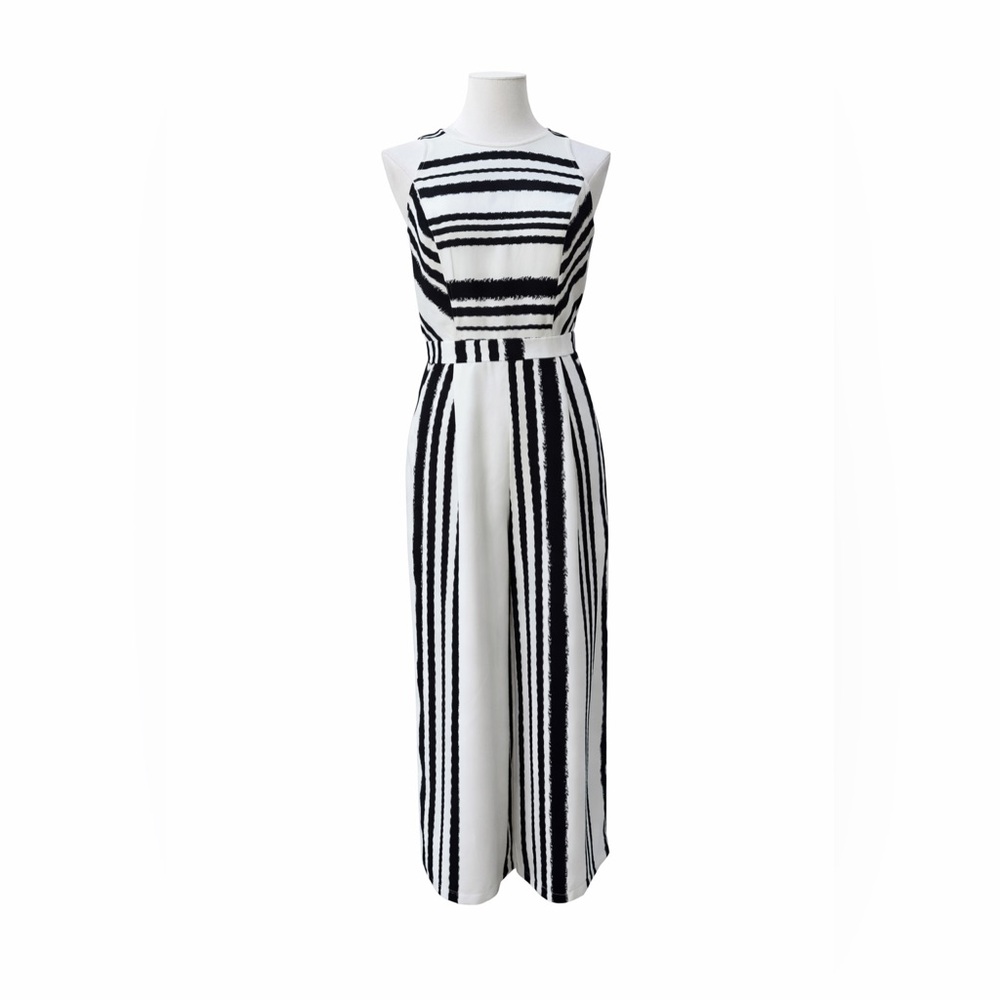 Jealous Tomato Monochrome Striped Sleeveless Jumpsuit Wide Leg Chic Black White - Picture 3 of 15